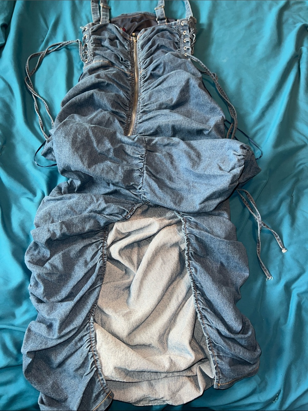 Women’s Large Dark Blue Denim Ruched Dress with Adjustable Straps - Picture 12 of 12